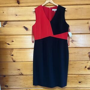 Kasper Poppy Red/Black V-Neck Lined Colorblocked Crepe Sheath Dress  Sz 14 - $89